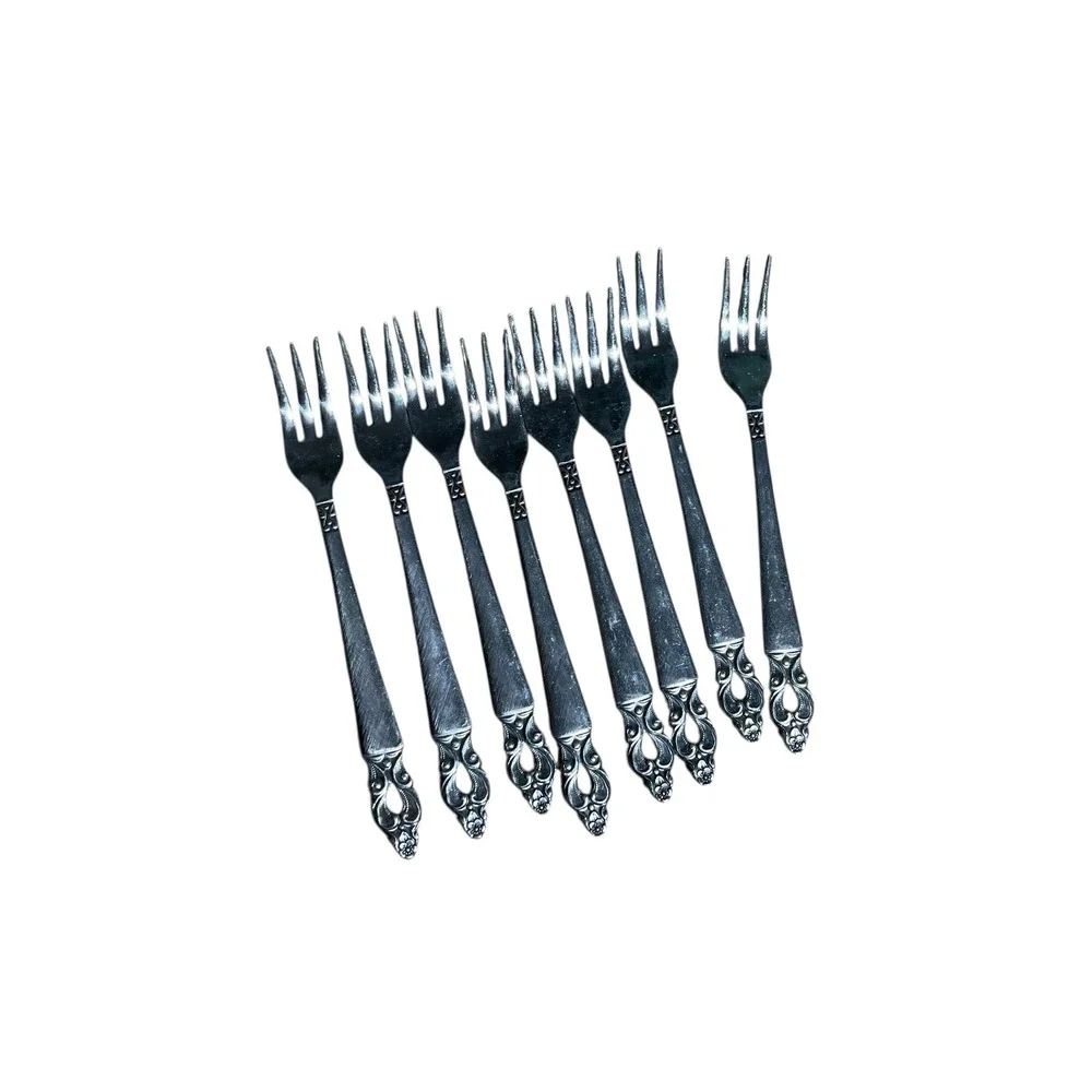 Vintage Olaf Japan National Stainless Dessert Forks Set of 7 Ornate Silver-Tone